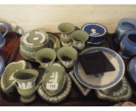 A Tray of Wedgwood Green Jasperware Vases, Trinket Dishes and Plates, Blue Jasperware Etc.
