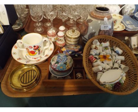 A Tray of Sundries to Include Souvenir Thimbles, Cloisonne Oriental Box, Brass Snuff Box, Cruet Etc.