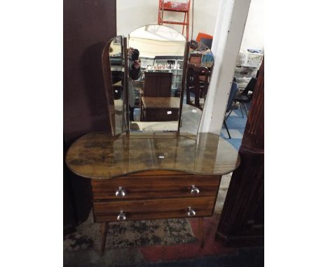 A Vintage Kidney Shaped Dressing Table with Two Drawers Having Glass Handles.