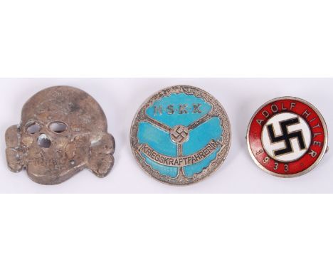 A collection of 3x Nazi German Third Reich badges to include; NSKK Kriegskraftfahrerin enamel blue badge, Adolf Hitler 1933 e