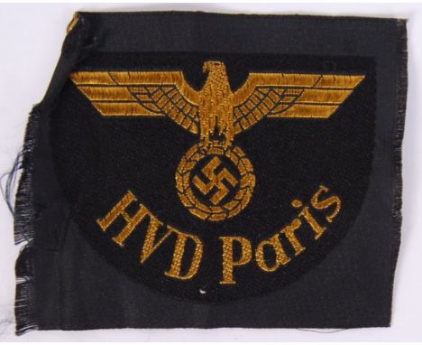 An original WWII Second World War Nazi German Third Reich HVD Paris black &amp; gold colour silk material patch with swastika