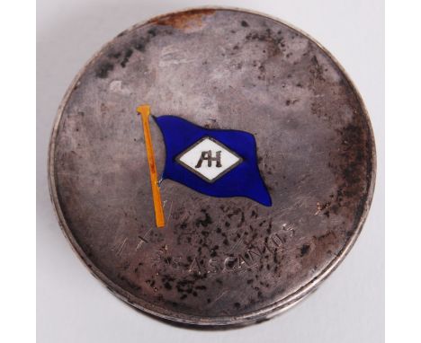 A good Mappin & Webb silver hallmarked pill box / trinket pot (Birmingham, 1927) with Blue Funnel Line burgee in enamel to to