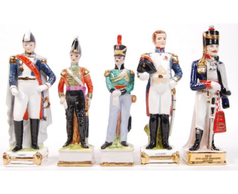 A collection of 5x Capodimonte style napoleonic porcelain figures to include; Lefebvre, 1813 15th Light Dragoons Officer, Lan