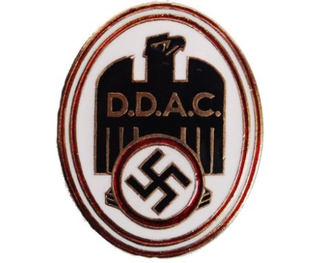 A 20th century reproduction Third Reich DDAC German Automobile Club enamel screw badge with swastika &amp; eagle emblem to fr