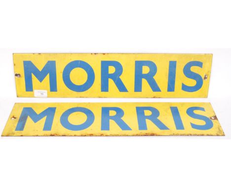 A pair of original vintage enamel garage / dealership display signs, likely for Morris Motors. Both yellow, with blue ' Morri