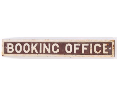 An original vintage 20th century British Rail railway train station cast iron Booking Office Sign. Measures approx 60cm wide.