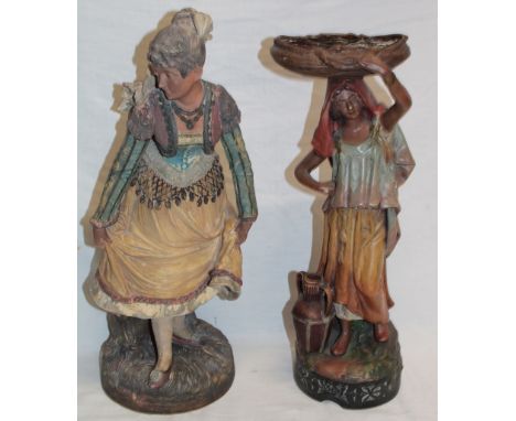 A Royal Dux pottery figure of a Middle Eastern female holding a basket, 16½" high and one other Continental figure of a femal