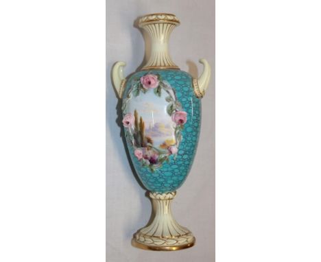 A Royal Worcester china two handled tapered spill vase with classical painted scene oval panel surrounded by encrusted roses 