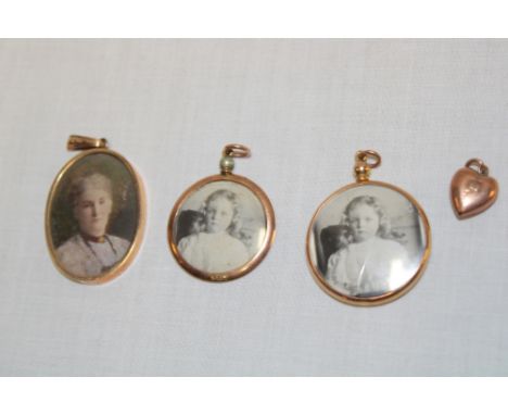 Three various 9ct gold portrait locket pendants and a miniature 9ct gold heart shaped pendant