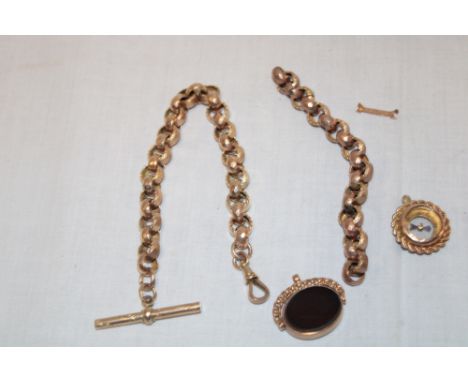 A 9ct gold circular link pocket watch chain and two various fobs (30g gross)