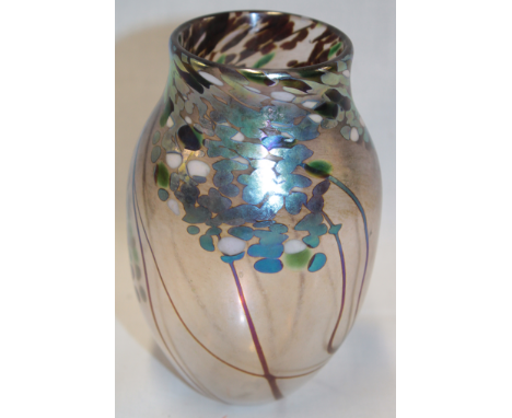 A Cornish art glass tapered vase with blossoming tree decoration by Norman Stuart Clarke, signed, 5½" high 