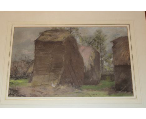 Bernard Sickert - pastel "Haystacks and Trees",  labelled to verso 10½" x 16½" 