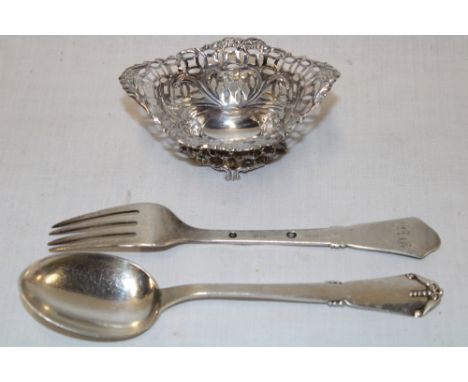 A Swedish silver fork and spoon with raised decoration and a small silver oval sweetmeat dish (3) 