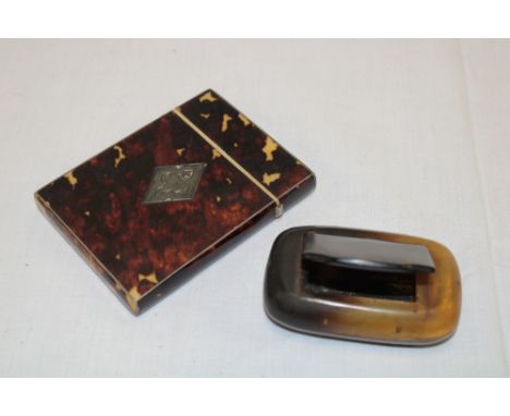 A Victorian tortoiseshell mounted rectangular visiting card case with silver inlaid emblem and a 19th Century horn snuff box 