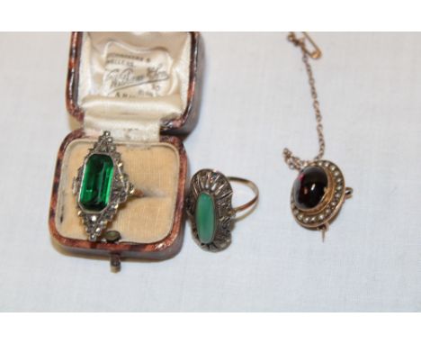 A 9ct gold dress ring set green stone and marcasite, jade mounted dress ring and one other garnet and  pearl brooch (3) 