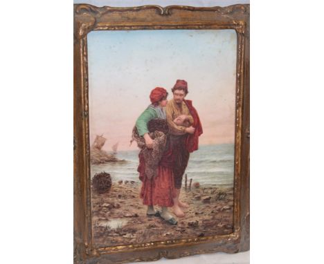 Artist unknown - enhanced watercolour on ceramic panel Male and female fisher folk on shoreline 10" x 7" 