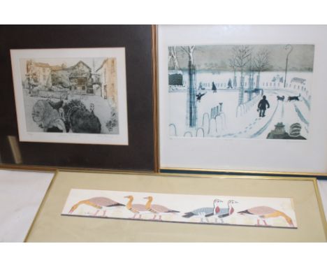 Daphne Skinner - watercolour"Geese from a Tomb at Medum", signed, labelled to verso, 3" x 18½"; a limited-edition etching of 