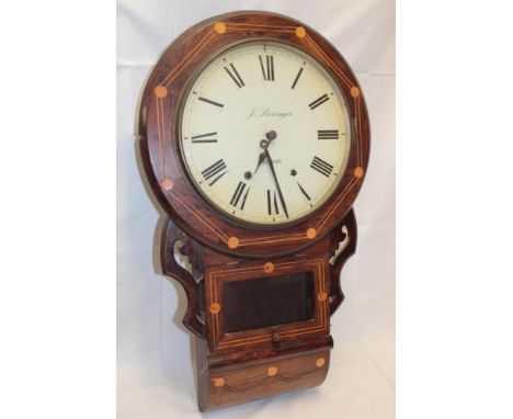 A 19th Century Cornish drop-dial wall clock by J. Beringer of Helston with painted circular dial in inlaid rosewood case 