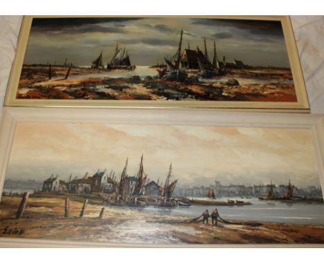 Edward Elliott - oils on board Coastal scenes with fishing boats, signed 17" x  48" (2) 