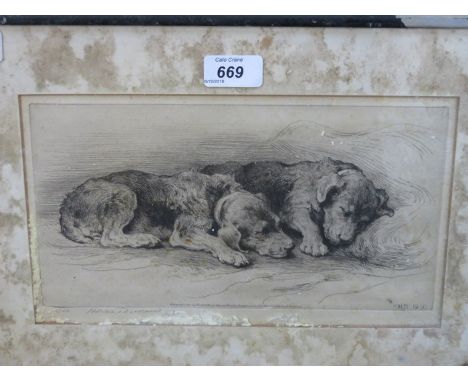 HERBERT DICKSEE, PENCIL SIGNED LIMITED EDITION ETCHING DEPICTING TWO SLEEPING DOGS, FOR RESTORATION