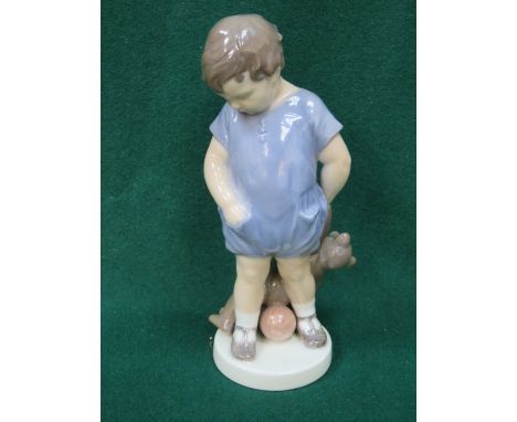 ROYAL COPENHAGEN GLAZED CERAMIC FIGURE OF A BOY WITH TEDDY BEAR, NUMBER 3468.  APPROXIMATELY 20cm HIGH