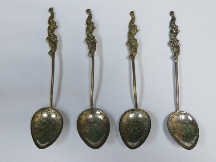 SET OF FOUR NAGASAKI JAPAN 84 RUSSIAN SILVER SPOONS WITH DRAGON HANDLES