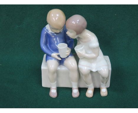 GLAZED ROYAL COPENHAGEN CERAMIC FIGURE GROUP OF SEATED BOY AND GIRL, NUMBER 2175, APPROXIMATELY 14cm HIGH 