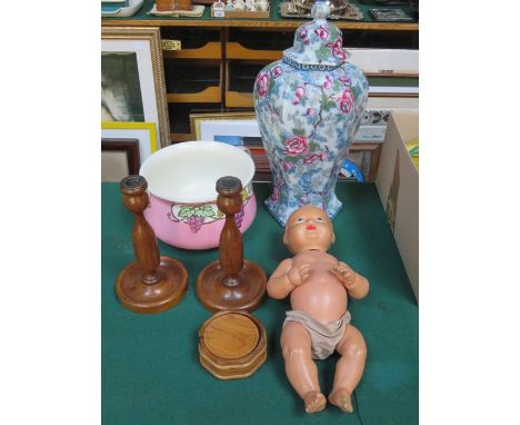 ALBION POTTERY STORAGE JAR WITH COVER, VINTAGE DOLL AND CERAMIC CHAMBER POT, ETC. 