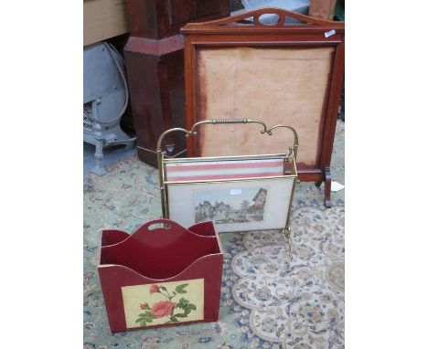 VINTAGE BRASS MAGAZINE RACK AND ANOTHER MAGAZINE RACK PLUS FIRE SCREEN FRAME 