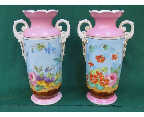 PAIR OF VICTORIAN STYLE HANDPAINTED CERAMIC VASES, APPROXIMATELY 38cm HIGH 