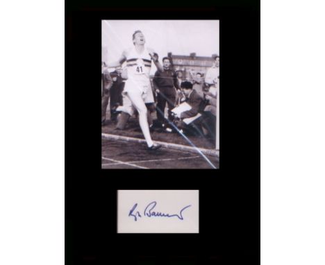 Four Minute Mile. Signature of Roger Bannister, completing the first sub-four minute mile race. Professionally mounted in bla