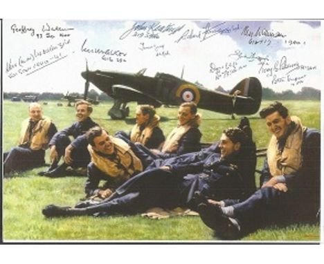 Battle of Britain Veterans signed print. Lovely 8x12 colour print of a Spitfire squadron relaxing between sorties, signed by 