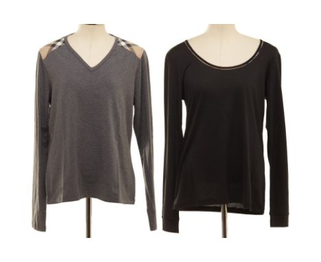 TWO BURBERRY LONG SLEEVE T-SHIRTS
V neck grey with classic Burberry checkered print to the shoulders, and scoop neck black wi
