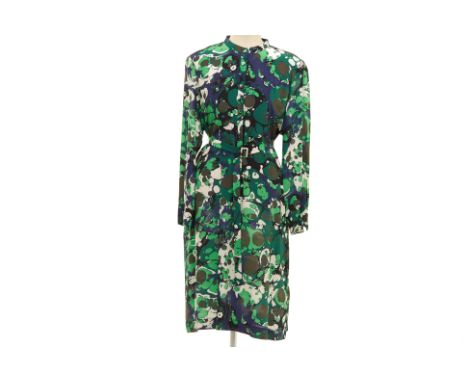 A BOTTEGA VENETA MARBLE PRINT SILK DRESS
Green, blue and white marble effect long sleeved silk dress with detachable waist ti