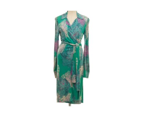 A GUCCI TURQUOISE FLORAL PRINT WRAP DRESS
Turquoise, purple and white chrysanthemum print, long sleeved with waist tie
Gucci
