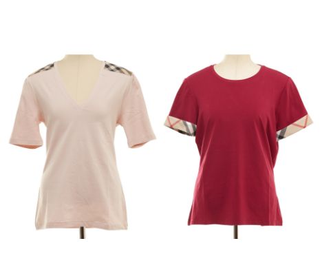 TWO BURBERRY T-SHIRTS
Deep V neck rose pink T-shirt with checkered Burberry print to the shoulder pads, and a burgundy round 