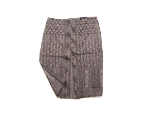 A TRUSSARDI GREY PENCIL SKIRT
Dark grey three quarter length pencil skirt with a knitted print to the exterior and large plea