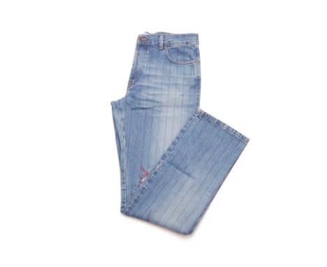 A PAIR OF MOSCHINO DENIM PINSTRIPE JEANS
Medium wash denim pinstripe jeans with red contrast stitching and patch details to t