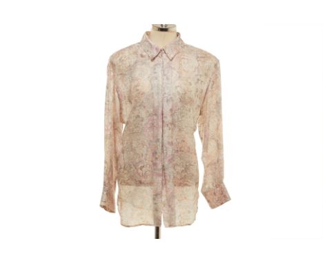 A CHANEL FLORAL PRINT SILK SHIRT
Light grey, purple and beige floral printed silk button-up shirt with pleated panels to the 