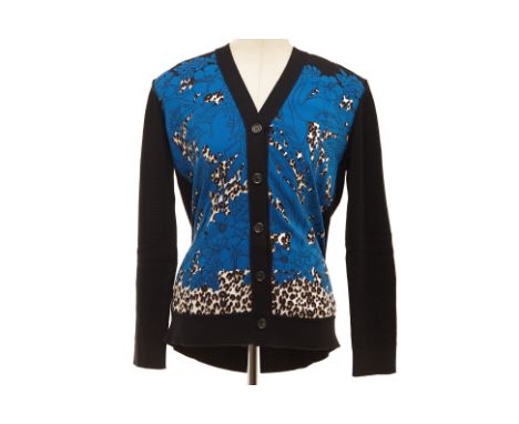 A LOUIS VUITTON BLUE &amp; BLACK PRINTED CARDIGAN
Blue and black half knit, half silk cardigan with floral prints and leopard