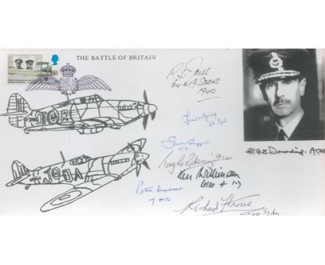 Battle of Britain Spitfire, Hurricane and Dowding Card Signed by 7 Battle of Britain Pilots, Crew. Piece Size 9 ½ by 5 inches