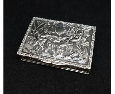 A continental silver heavy gauged snuff box with gilt interior, heavily embossed patterned depicting a Japanese scene, approx