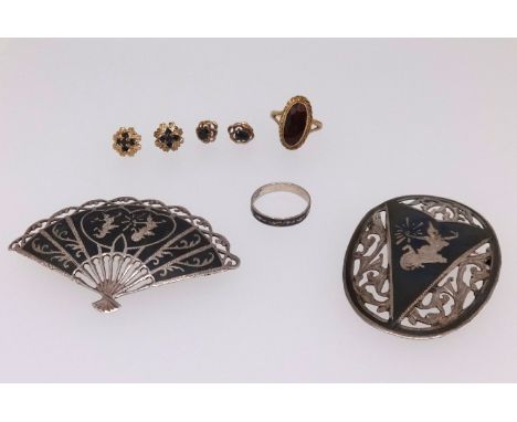A 9ct ruby style dress ring, some silver brooches and earrings, finger size N.