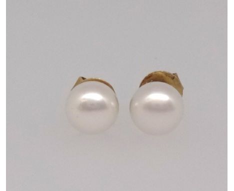 A pair of freshwater button pearl stud earrings, mounted on all yellow metal post fittings.