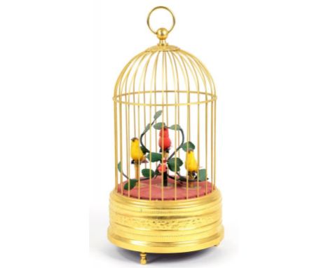 A GILT BRASS SINGING BIRDS-IN-A-CAGE AUTOMATON, 26CM H, 20TH CENTURY