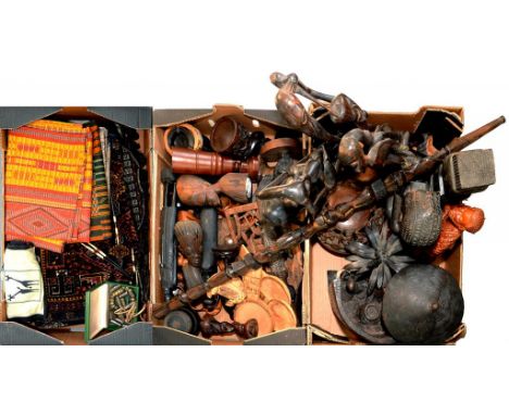 TRIBAL ART.  A COLLECTION OF AFRICAN CARVED WOOD FIGURES, ANIMALS AND OTHER ARTICLES, ALSO NATIVE TEXTILES, MOSTLY COLLECTED 