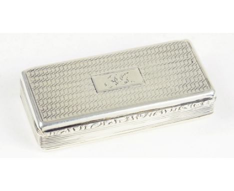 A VICTORIAN SILVER SNUFF BOX, ENGINE TURNED, 8CM W, BIRMINGHAM 1838, 2OZS