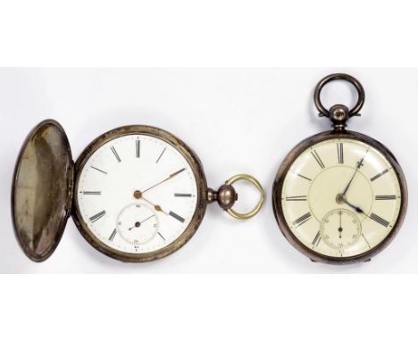 A VICTORIAN SILVER LEVER WATCH, WITH ENAMEL DIAL, CHESTER 1872 AND A SWISS SILVER HUNTING CASED LEVER WATCH