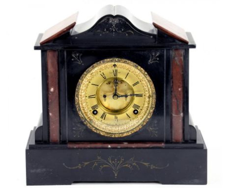 A BELGIAN SLATE AND LIVER AND WHITE MARBLE ARCHITECTURAL CASED MANTLE CLOCK, THE ANSONIA MOVEMENT WITH VISIBLE ESCAPEMENT, 29