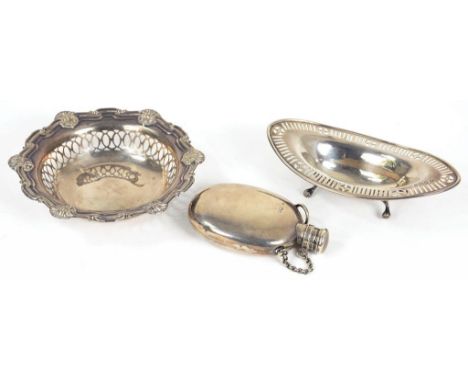 A VICTORIAN PIERCED SILVER BOAT SHAPED SWEETMEAT DISH ON FOUR SCROLL FEET, 14CM W, SHEFFIELD 1897, ANOTHER, ROUND AND A VICTO